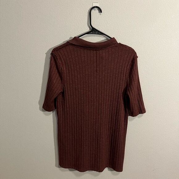 Free People Ribbed Knit Button Down Top Burgundy Collar Short Sleeve XS - Picture 3 of 5